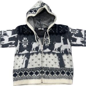 Vintage Kid’s Artisan Wool Cowichan Aztec Fair Isle Hooded Sweater